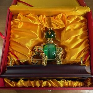 Ornate Elephant Blessing Statue Gemstone Embellished Gold Tone Decorative Jade